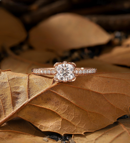 Floral Round Lab Grown engagement ring Rose gold Vintage Diamond half eternity pave Bridal ring Unique Vintage Anniversary Promise ring