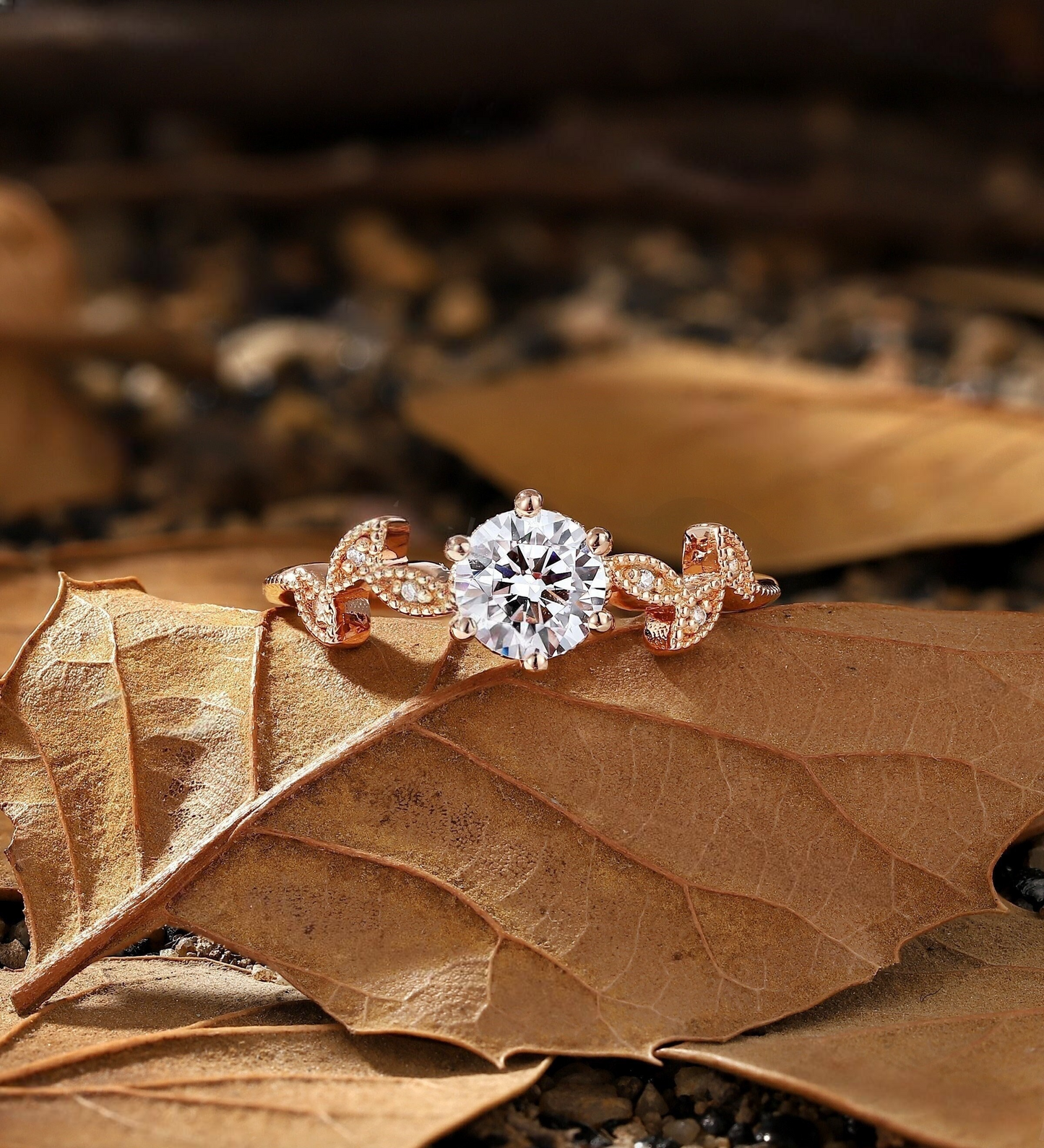 Nature Inspired Lab Grown Engagement Ring - Rose Gold Pave Tree Leaf Wedding Ring - Antique Vintage Ring