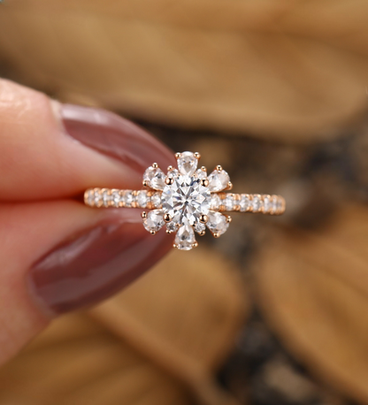 Round Lab Grown engagement ring Rose gold Vintage Pear diamond halo Bridal ring Floral half eternity pave wedding ring Anniversary