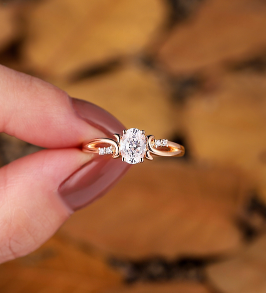 Vintage Oval Shape Lab Grown Engagement Ring Round Prong Set Birthstone Ring Antique Rose Gold Ring Anniversary Promise Bridal Ring