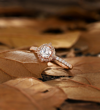 Vintage Lab Grown Engagement Ring Rose Gold Unique leaf halo Bridal ring Round Diamond Pave Wedding Ring Antique Anniversary Promise Ring