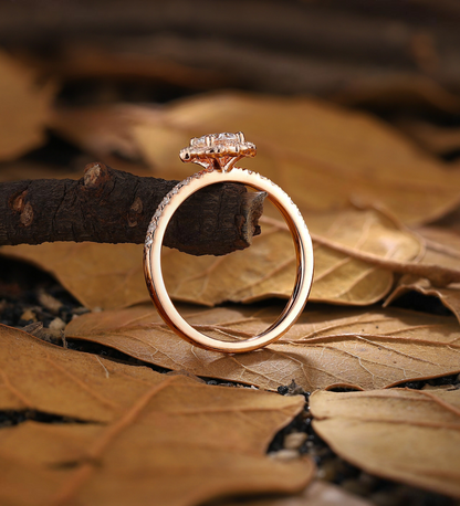 Vintage Lab Grown Engagement Ring Rose Gold Unique leaf halo Bridal ring Round Diamond Pave Wedding Ring Antique Anniversary Promise Ring