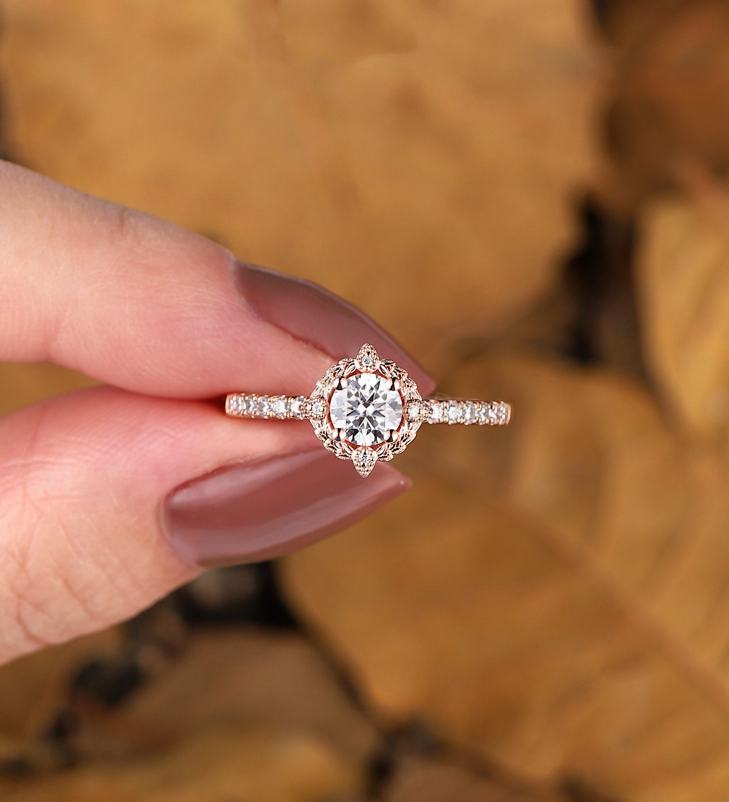 Vintage Lab Grown Engagement Ring Rose Gold Unique leaf halo Bridal ring Round Diamond Pave Wedding Ring Antique Anniversary Promise Ring