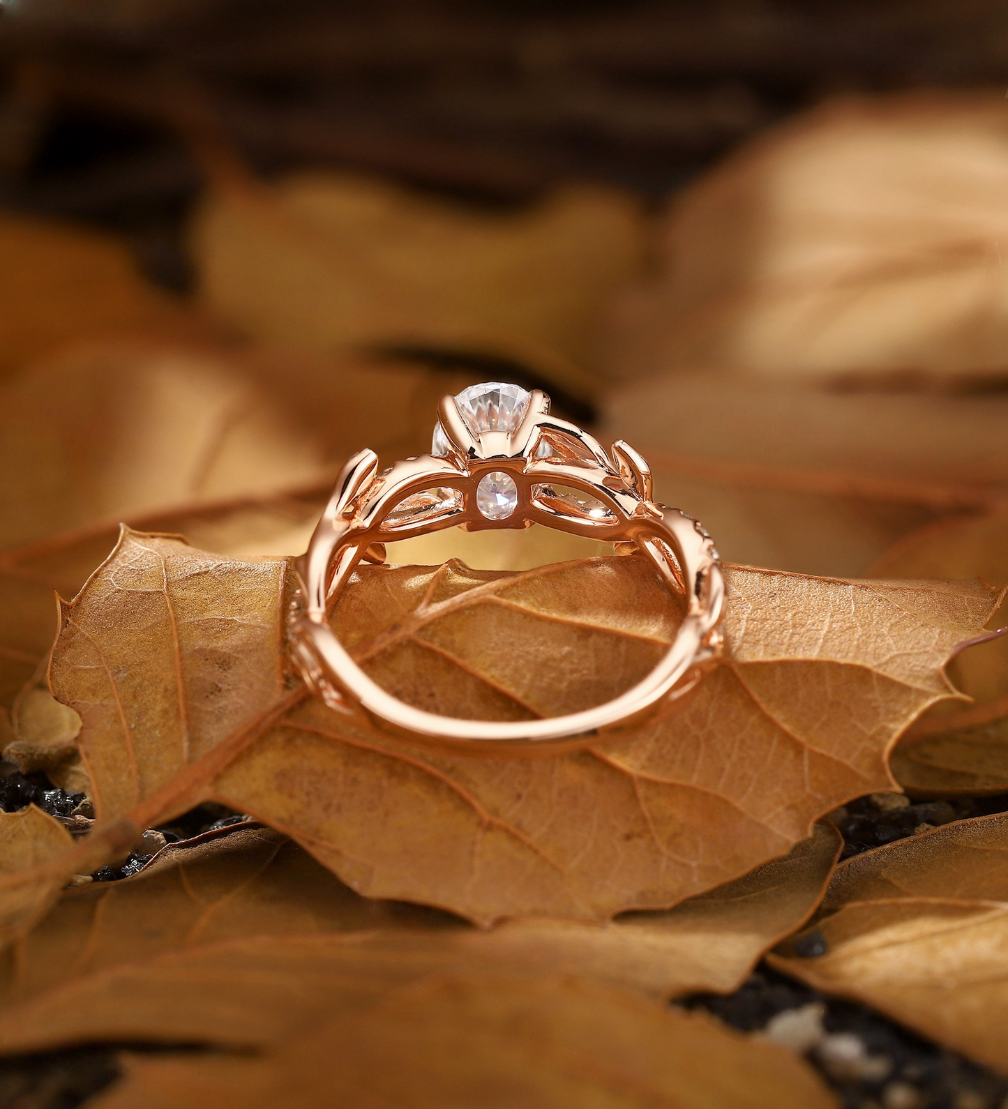 Branch and Leaf Lab Grown Engagement Ring - Nature Inspired Rose Gold Ring - Round Promise Ring