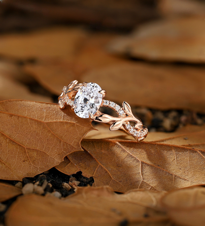 Branch and Leaf Lab Grown Engagement Ring - Nature Inspired Rose Gold Ring - Round Promise Ring