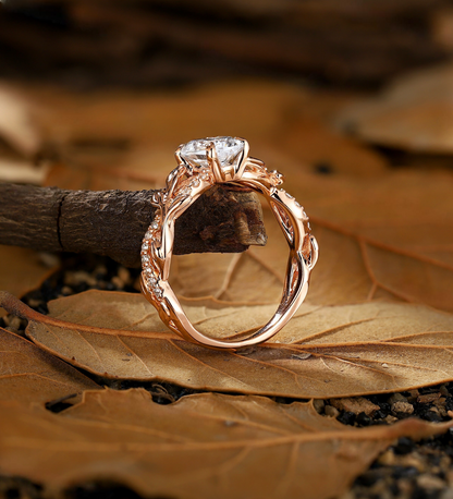 Branch and Leaf Lab Grown Engagement Ring - Nature Inspired Rose Gold Ring - Round Promise Ring