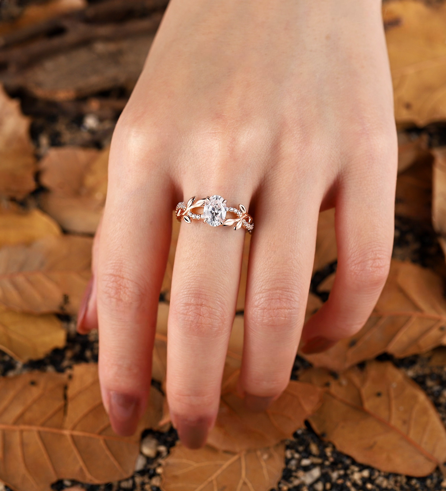 Branch and Leaf Lab Grown Engagement Ring - Nature Inspired Rose Gold Ring - Round Promise Ring