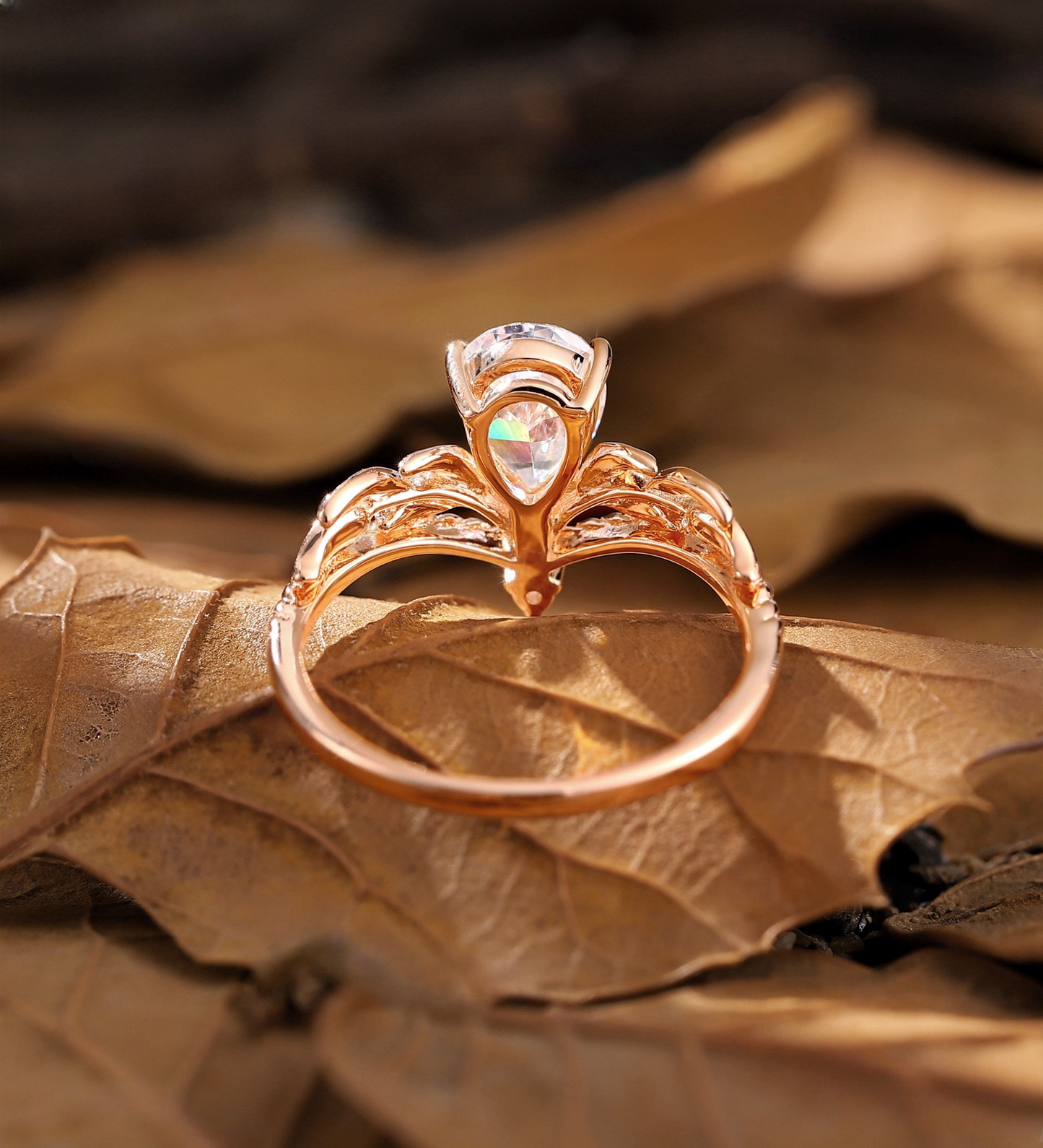 Pear Lab Grown engagement ring set Rose gold Floral leaf design bridal set Vintage round diamond curved wedding band Anniversary ring