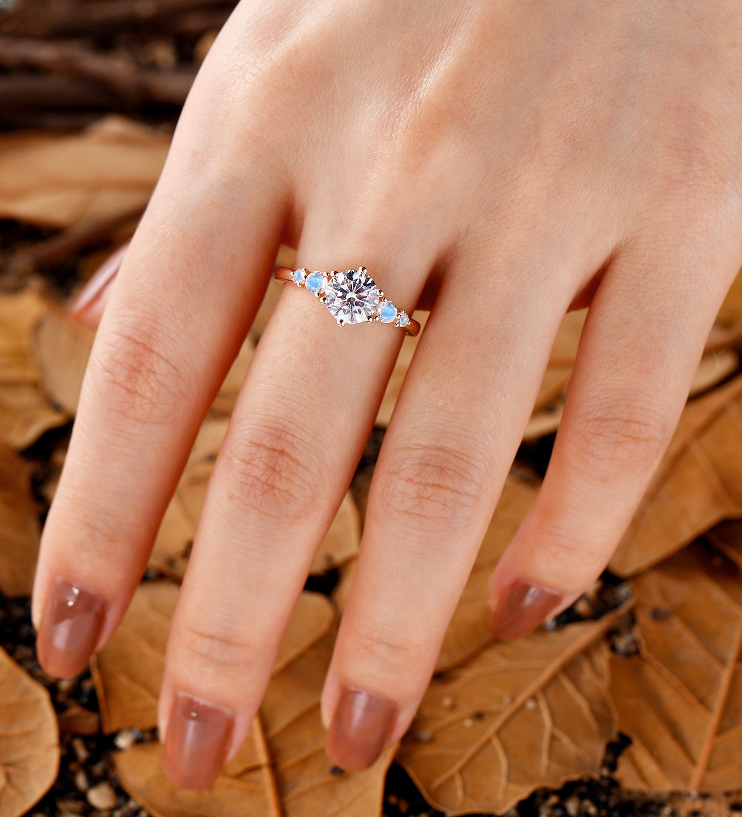 Vintage moonstone Lab Grown engagement ring rose gold art deco rings antique baguette diamond rings prong set unique anniversary promise ring