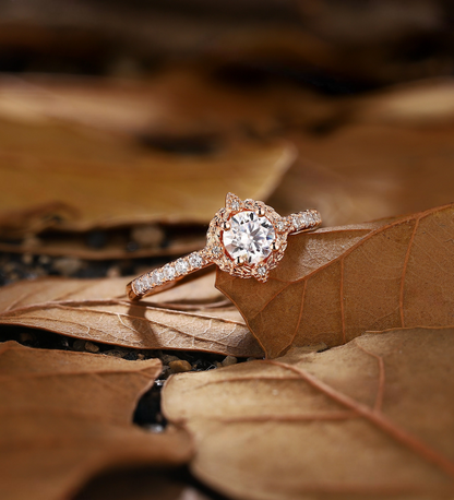 Vintage Lab Grown Engagement Ring Rose Gold Unique leaf halo Bridal ring Round Diamond Pave Wedding Ring Antique Anniversary Promise Ring