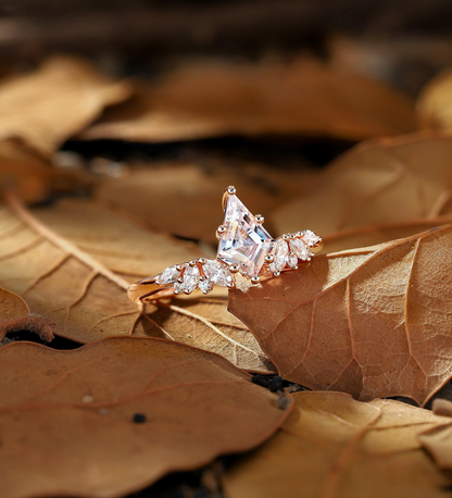 Vintage kite Lab Grown engagement ring set rose gold cluster ring marquise ring curved band unique Lab Grown promise bridal set