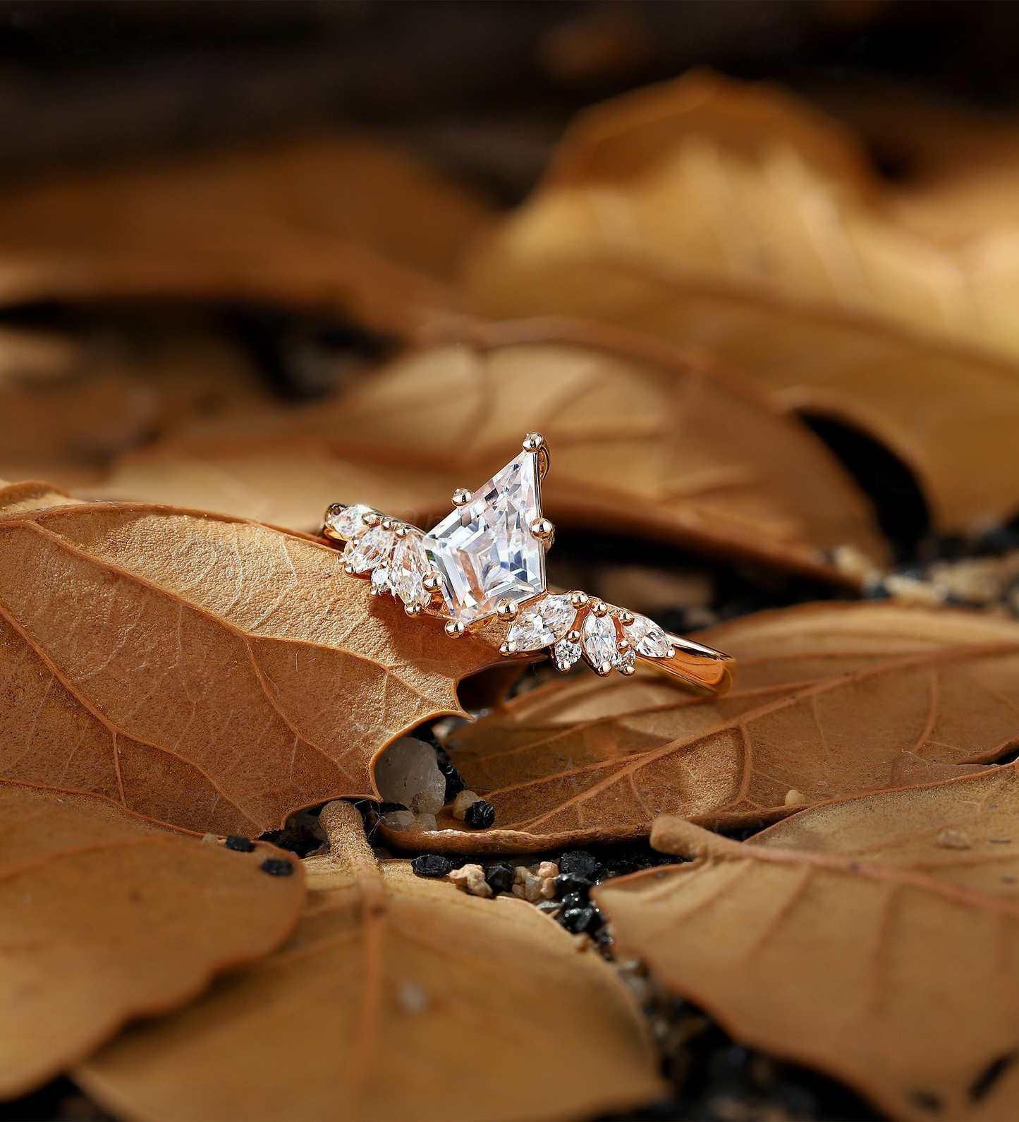 Vintage kite Lab Grown engagement ring set rose gold cluster ring marquise ring curved band unique Lab Grown promise bridal set