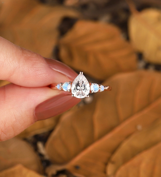 Vintage pear Lab Grown engagement ring Rose gold Antique moonstone five stone Bridal ring Unique anniversary promise wedding ring women