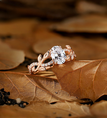 Branch and Leaf Lab Grown Engagement Ring - Nature Inspired Rose Gold Ring - Round Promise Ring