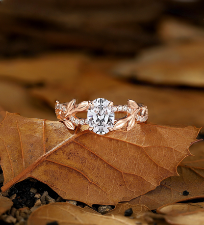 Branch and Leaf Lab Grown Engagement Ring - Nature Inspired Rose Gold Ring - Round Promise Ring