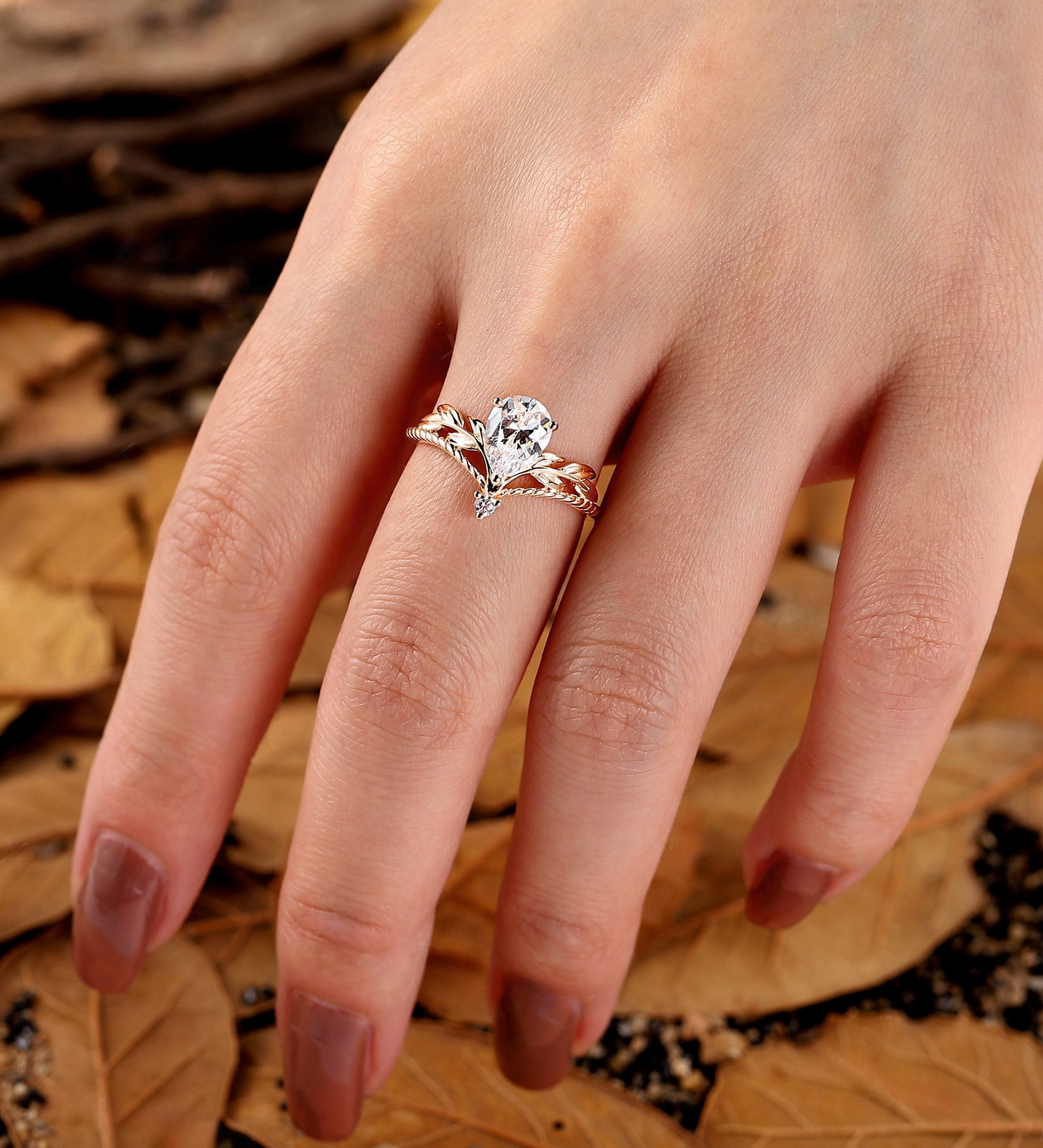 Pear Lab Grown engagement ring set Rose gold Floral leaf design bridal set Vintage round diamond curved wedding band Anniversary ring