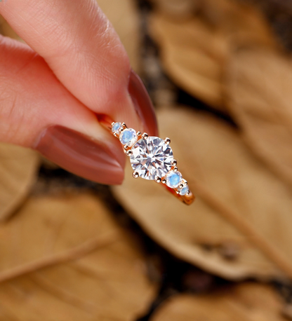 Vintage moonstone Lab Grown engagement ring rose gold art deco rings antique baguette diamond rings prong set unique anniversary promise ring