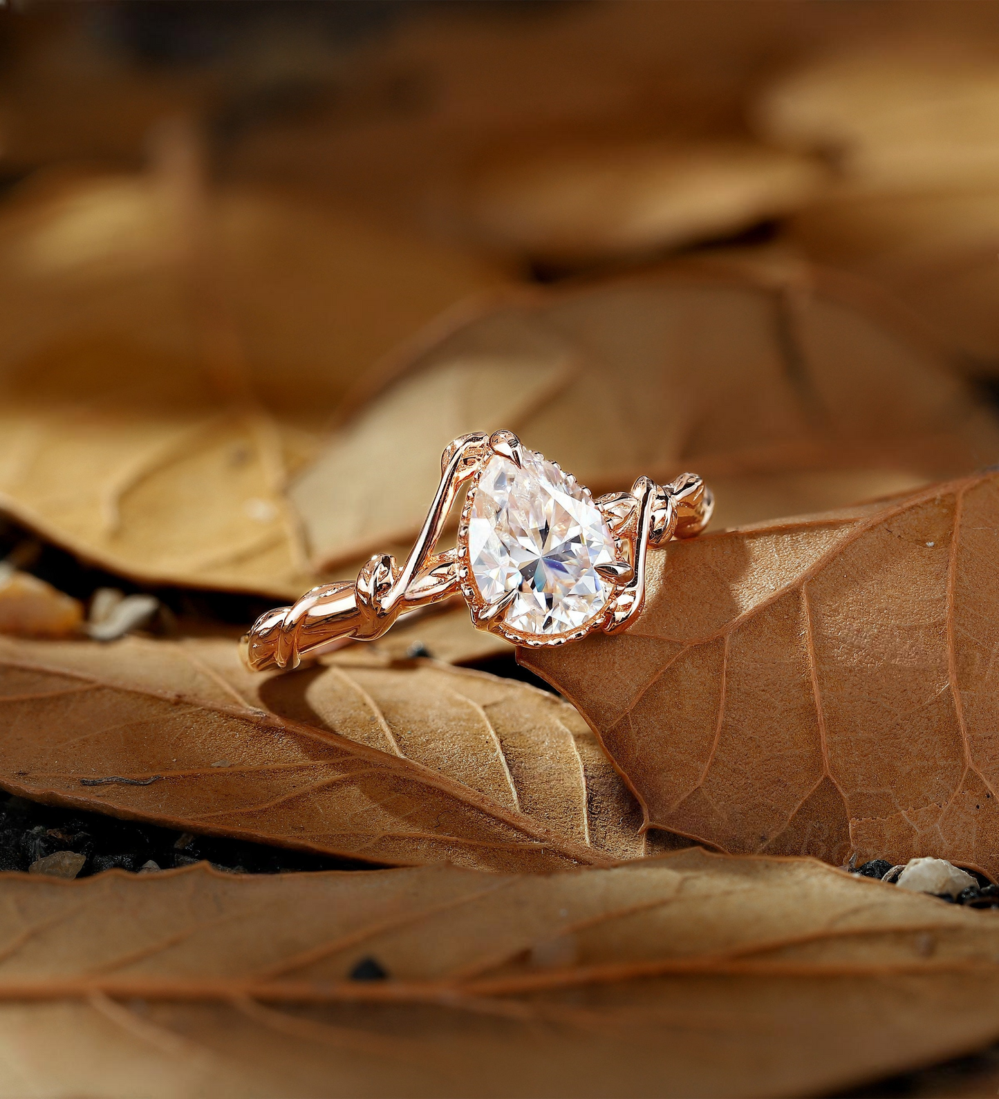 Pear Lab Grown engagement ring rose gold Vintage Branch design milgrain leaf wedding ring unique solitaire anniversary promise bridal ring