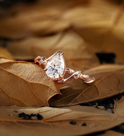 Pear Lab Grown engagement ring rose gold Vintage Branch design milgrain leaf wedding ring unique solitaire anniversary promise bridal ring