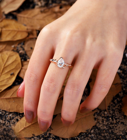 Pear Lab Grown engagement ring rose gold Vintage Branch design milgrain leaf wedding ring unique solitaire anniversary promise bridal ring