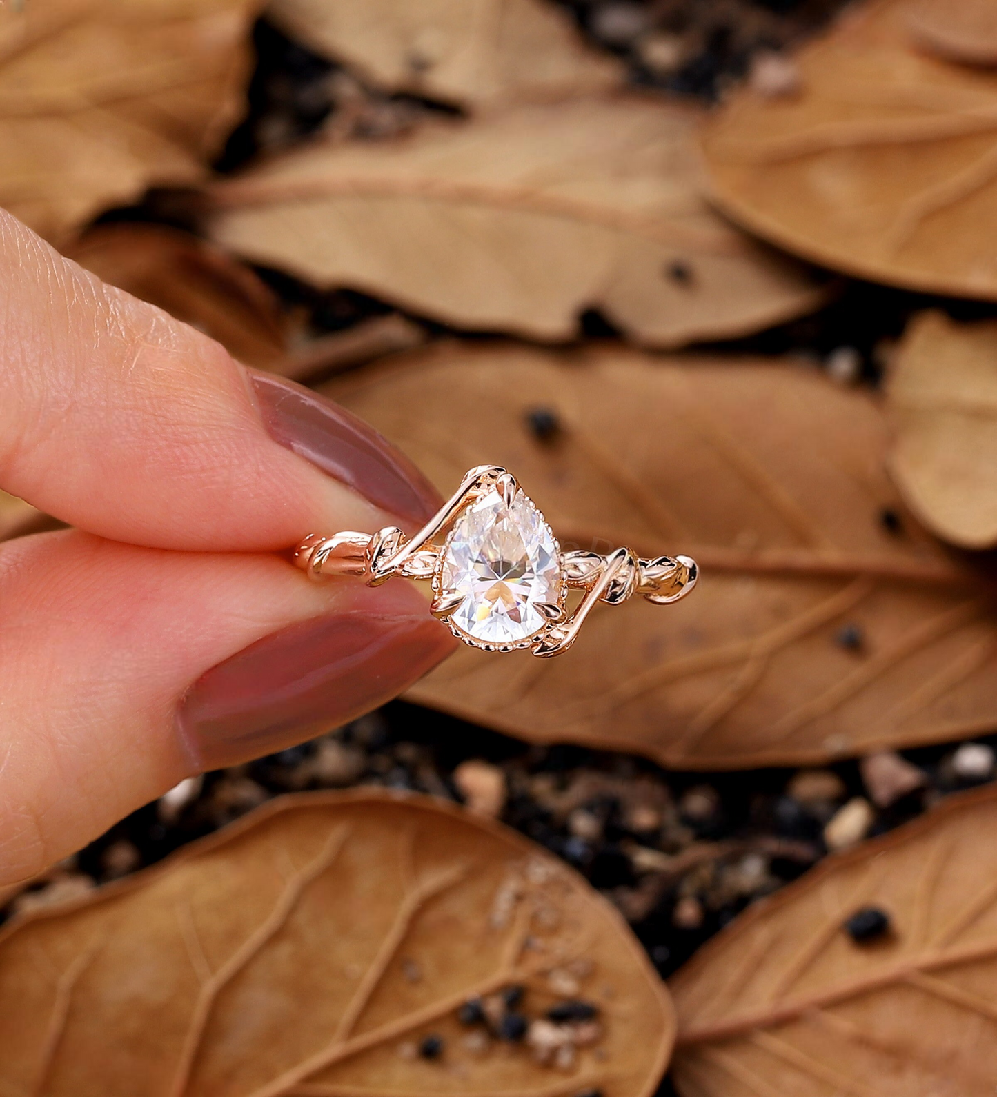 Pear Lab Grown engagement ring rose gold Vintage Branch design milgrain leaf wedding ring unique solitaire anniversary promise bridal ring