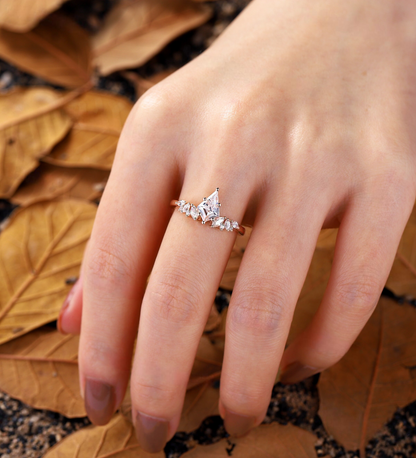 Vintage kite Lab Grown engagement ring set rose gold cluster ring marquise ring curved band unique Lab Grown promise bridal set