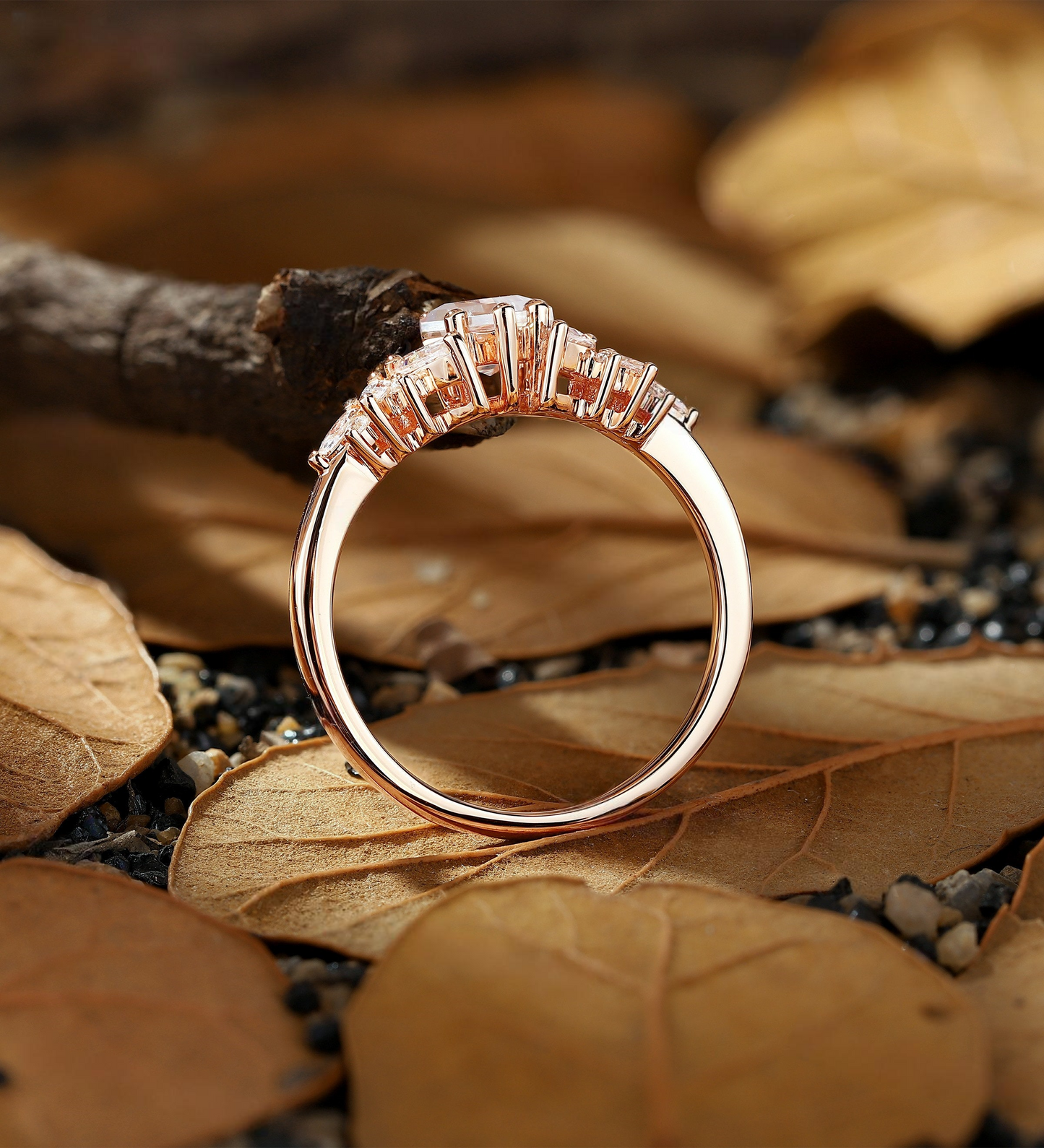 Vintage kite Lab Grown engagement ring set rose gold cluster ring marquise ring curved band unique Lab Grown promise bridal set