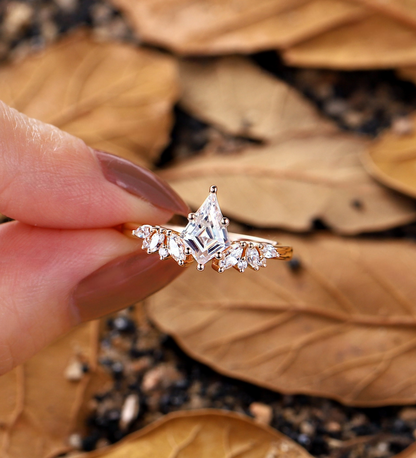 Vintage kite Lab Grown engagement ring set rose gold cluster ring marquise ring curved band unique Lab Grown promise bridal set