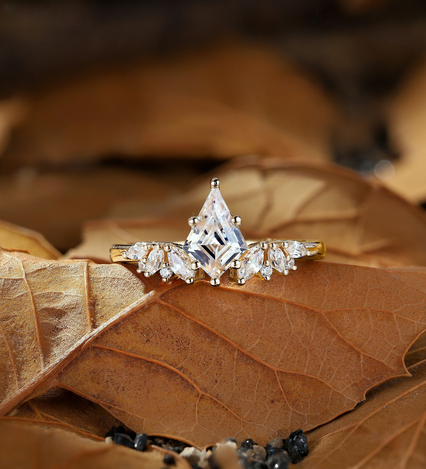 Vintage kite Lab Grown engagement ring set rose gold cluster ring marquise ring curved band unique Lab Grown promise bridal set