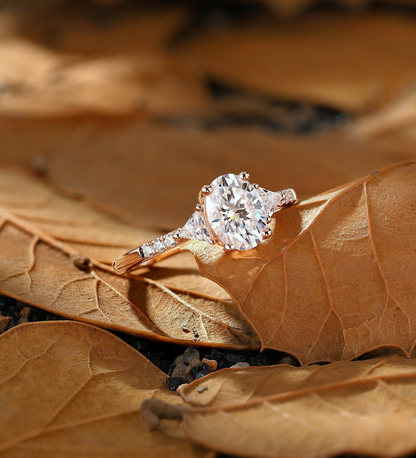 Vintage Oval Lab Grown Engagement Ring Rose Gold Art Deco Triangle Pave Ring Unique Classic Anniversary Promise Bridal Ring