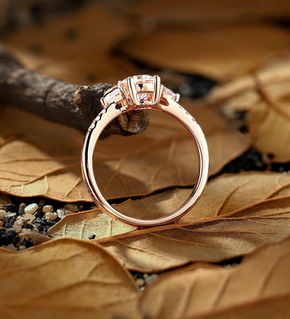 Vintage Oval Lab Grown Engagement Ring Rose Gold Art Deco Triangle Pave Ring Unique Classic Anniversary Promise Bridal Ring