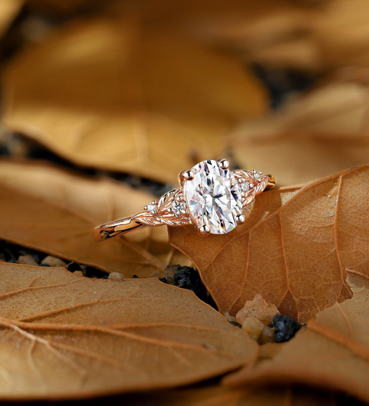 Oval shaped Lab Grown engagement ring set vintage Unique rose gold Bridal set Pear cut diamond Filigree Floral plain gold Wedding ring set