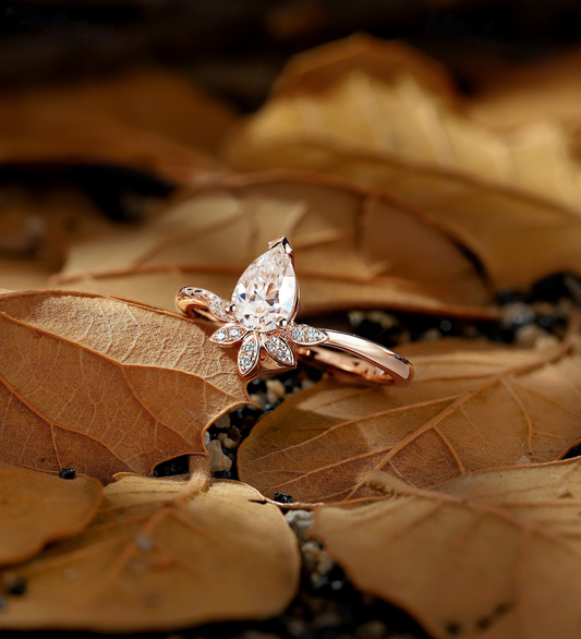 Pear Shaped Lab Grown Bridal Set Lab Grown Engagement Ring Rose Gold Cluster Wedding Women Unique Marquise Lab Grown Band Chevron