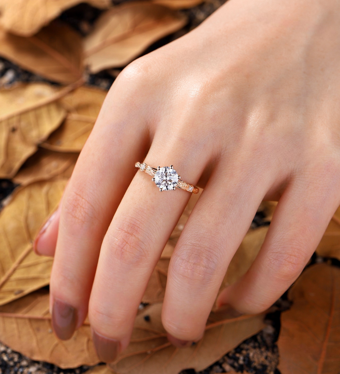 Vintage round shape Lab Grown engagement ring rose gold ring diamond ring delicate twig ring unique anniversary promise bridal ring