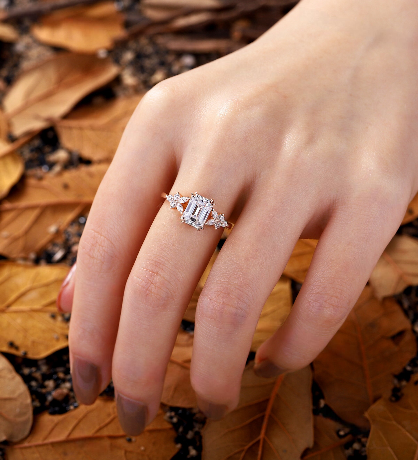 Vintage emerald Lab Grown engagement ring rose gold nature inspired round branch leaf design bridal ring anniversary promise ring