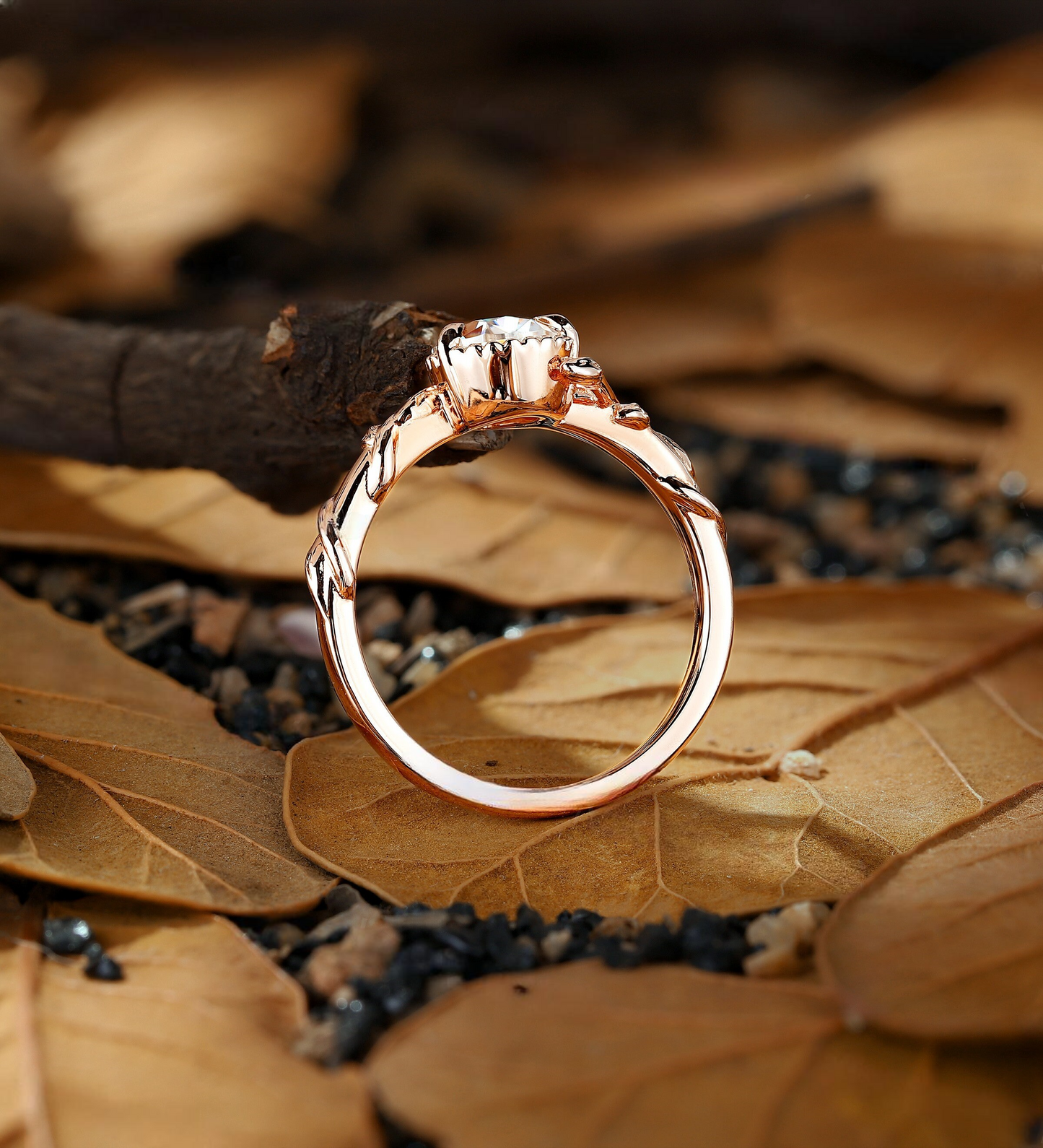 Pear Lab Grown engagement ring rose gold Vintage Branch design milgrain leaf wedding ring unique solitaire anniversary promise bridal ring