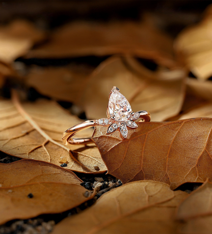 Pear Shaped Lab Grown Bridal Set Lab Grown Engagement Ring Rose Gold Cluster Wedding Women Unique Marquise Lab Grown Band Chevron