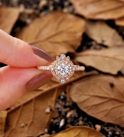 1.0 CT Round Shaped Lab Grown Vintage Halo Engagement Ring