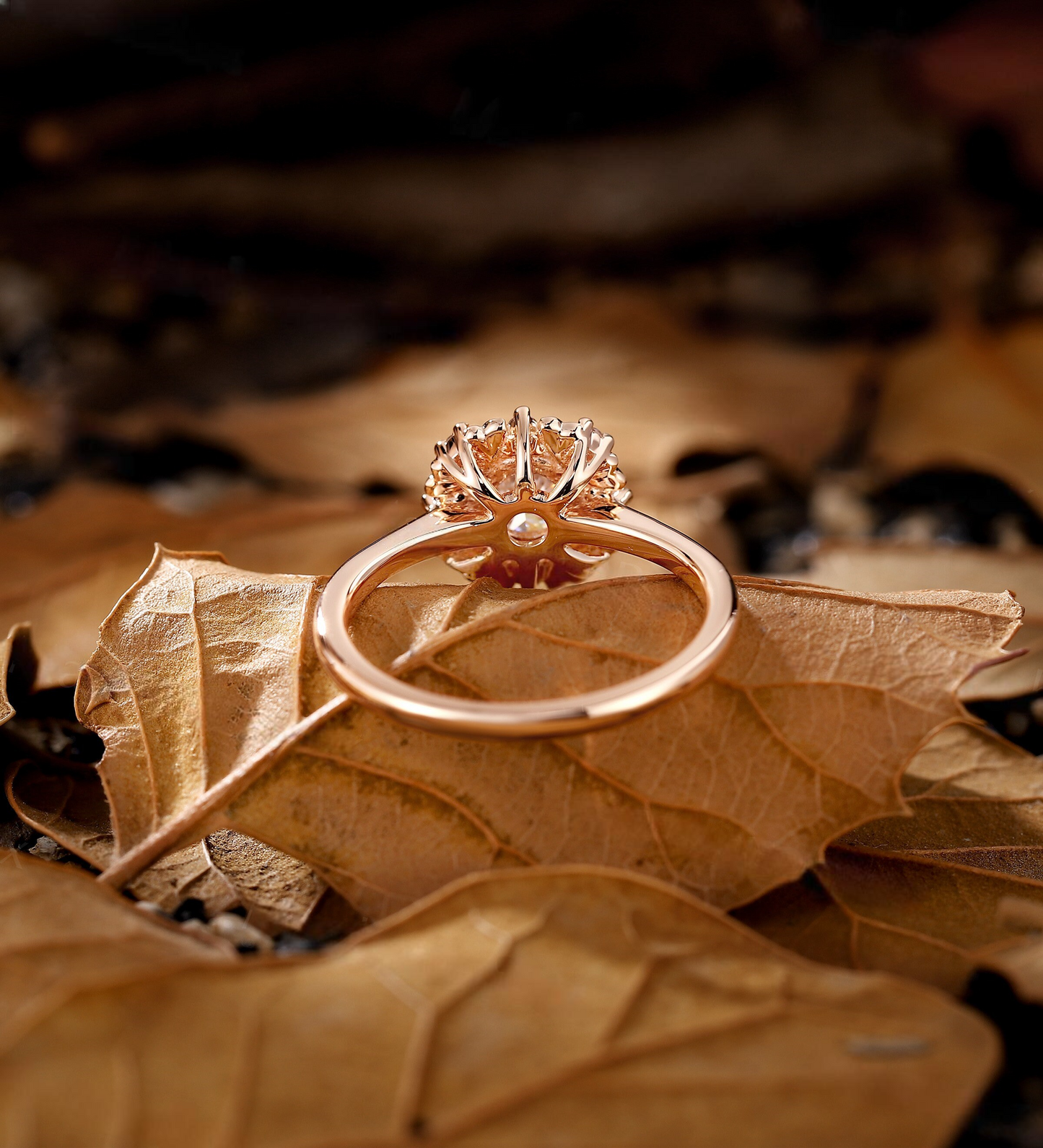 Art Deco Round Lab Grown Engagement Ring Rose gold Vintage leaf design halo Bridal Ring Nature inspired Anniversary Promise Ring