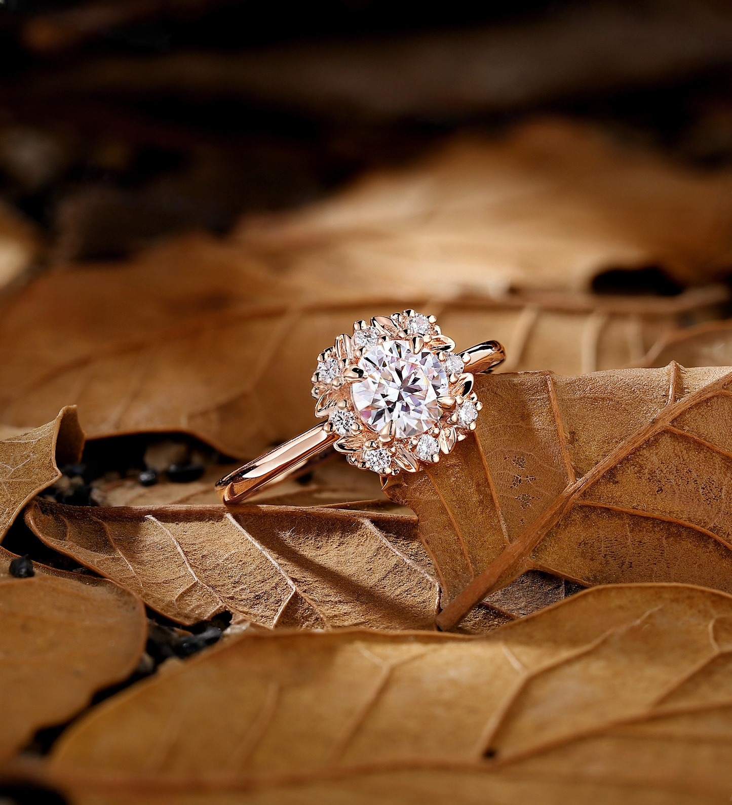 Art Deco Round Lab Grown Engagement Ring Rose gold Vintage leaf design halo Bridal Ring Nature inspired Anniversary Promise Ring