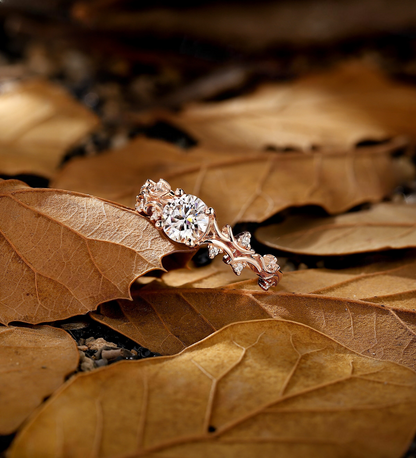 Vintage round Lab Grown engagement ring rose gold branch design bridal ring unique leaf twist wedding ring anniversary promise ring