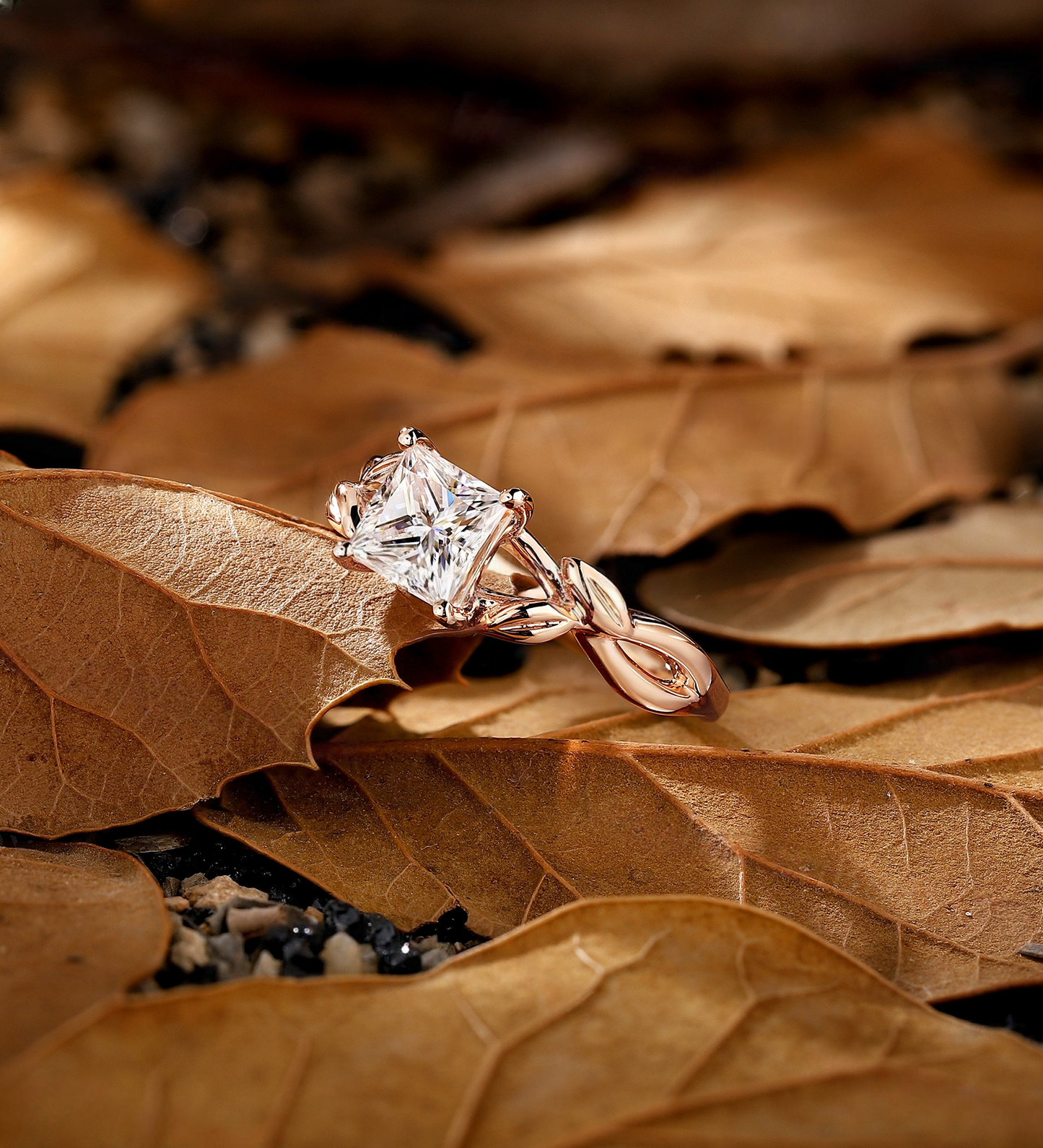 Vintage Princess Lab Grown Engagement Ring Minimalist Rose Gold Solitaire Ring Unique Leaf Twist Ring Anniversary Promise Bridal Ring