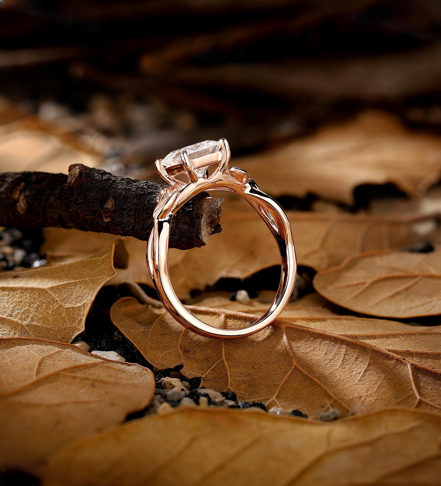 Vintage Princess Lab Grown Engagement Ring Minimalist Rose Gold Solitaire Ring Unique Leaf Twist Ring Anniversary Promise Bridal Ring