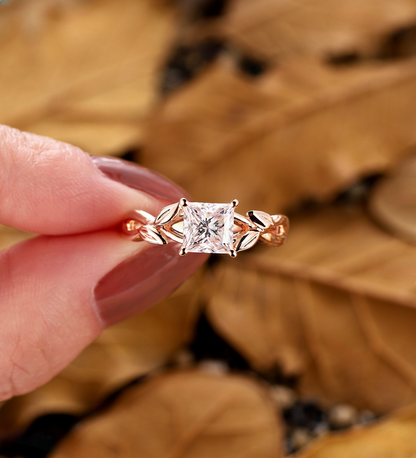 Vintage Princess Lab Grown Engagement Ring Minimalist Rose Gold Solitaire Ring Unique Leaf Twist Ring Anniversary Promise Bridal Ring