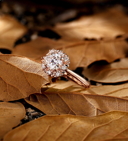 Art Deco Round Lab Grown Engagement Ring Rose gold Vintage leaf design halo Bridal Ring Nature inspired Anniversary Promise Ring