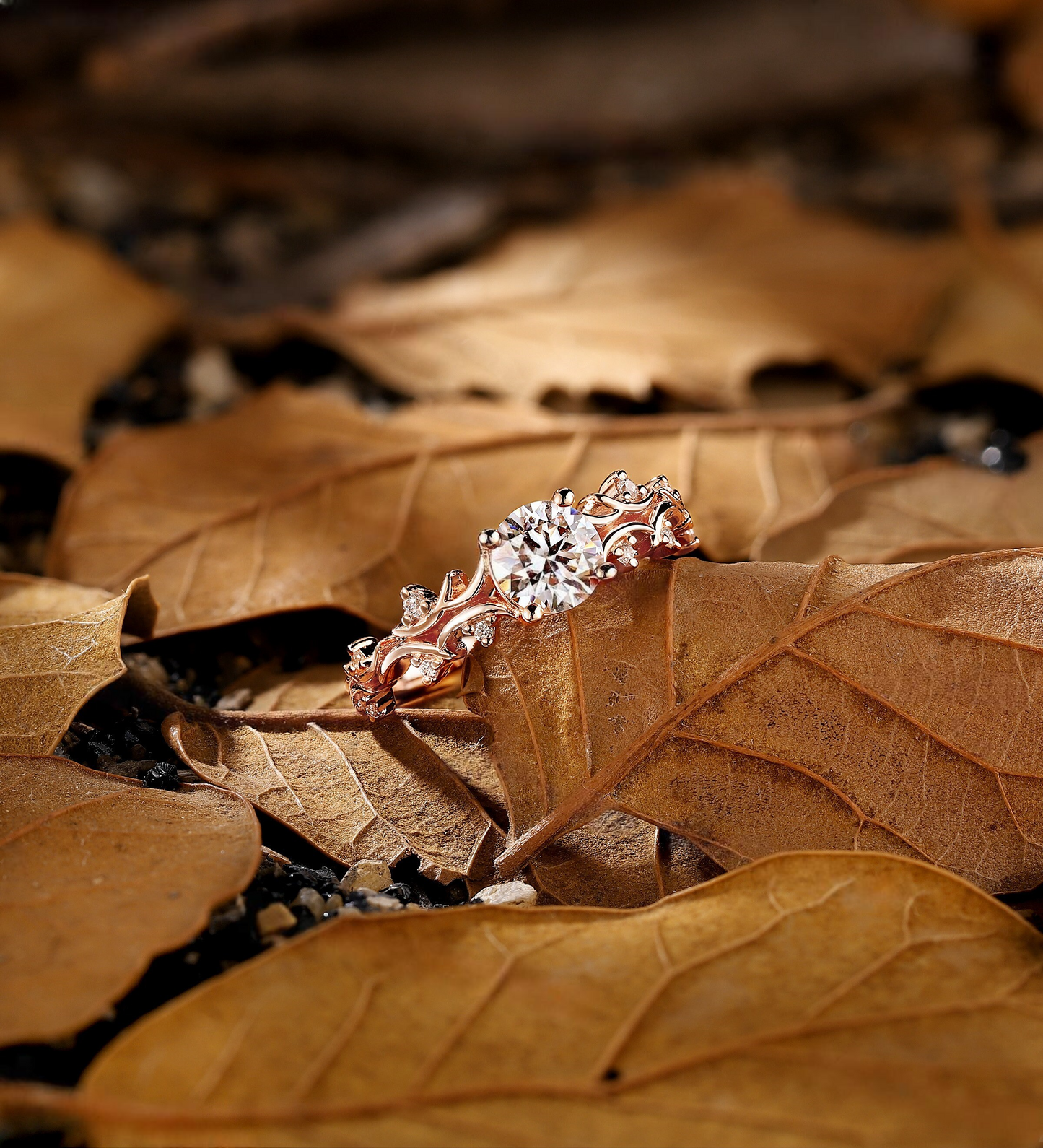 Vintage round Lab Grown engagement ring rose gold branch design bridal ring unique leaf twist wedding ring anniversary promise ring