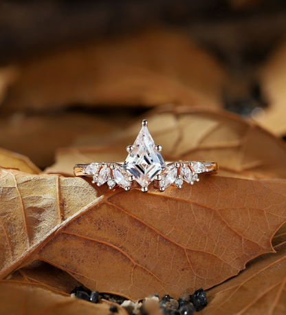 Vintage kite Lab Grown engagement ring set rose gold cluster ring marquise ring curved band unique Lab Grown promise bridal set