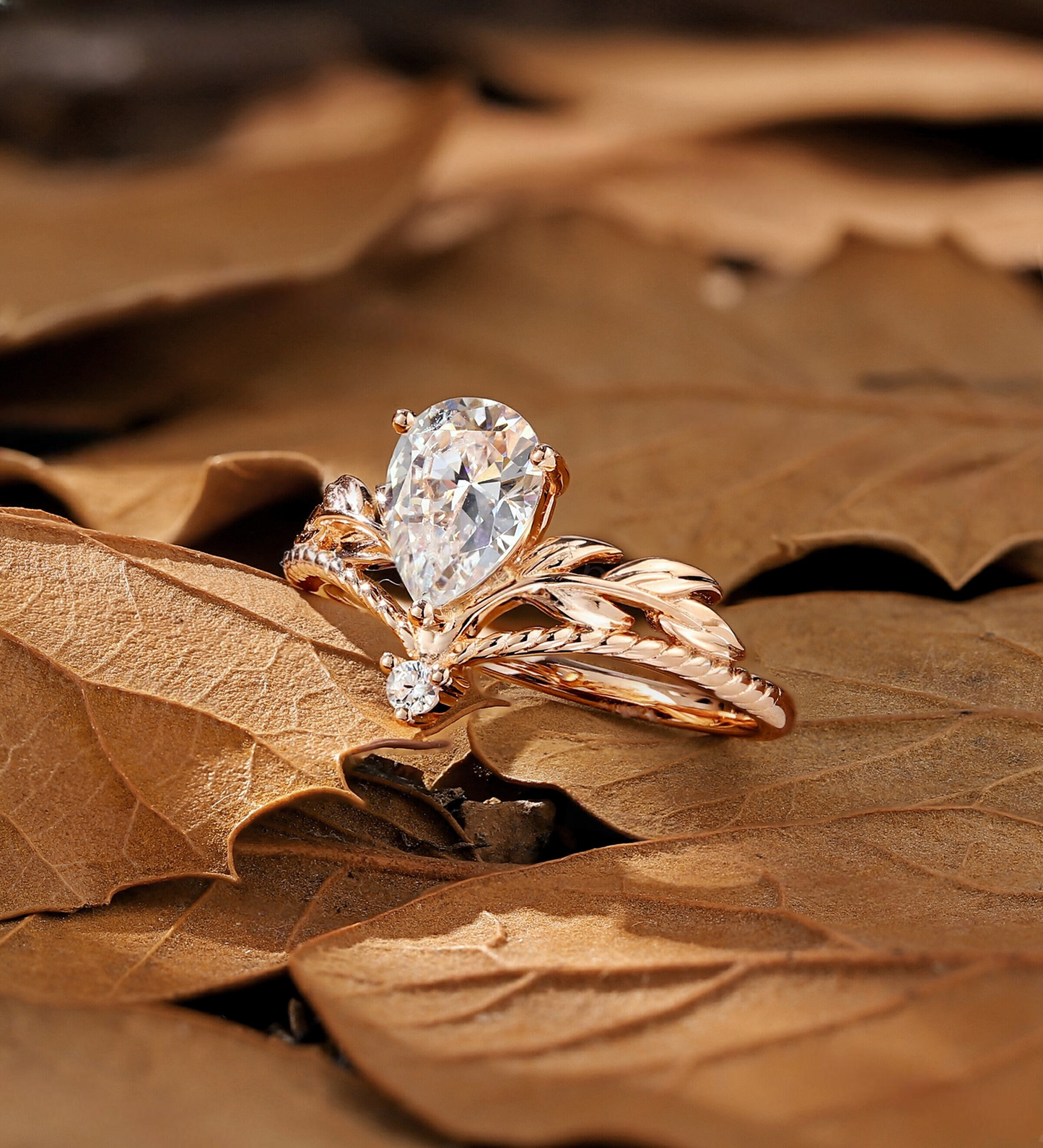 Pear Lab Grown engagement ring set Rose gold Floral leaf design bridal set Vintage round diamond curved wedding band Anniversary ring