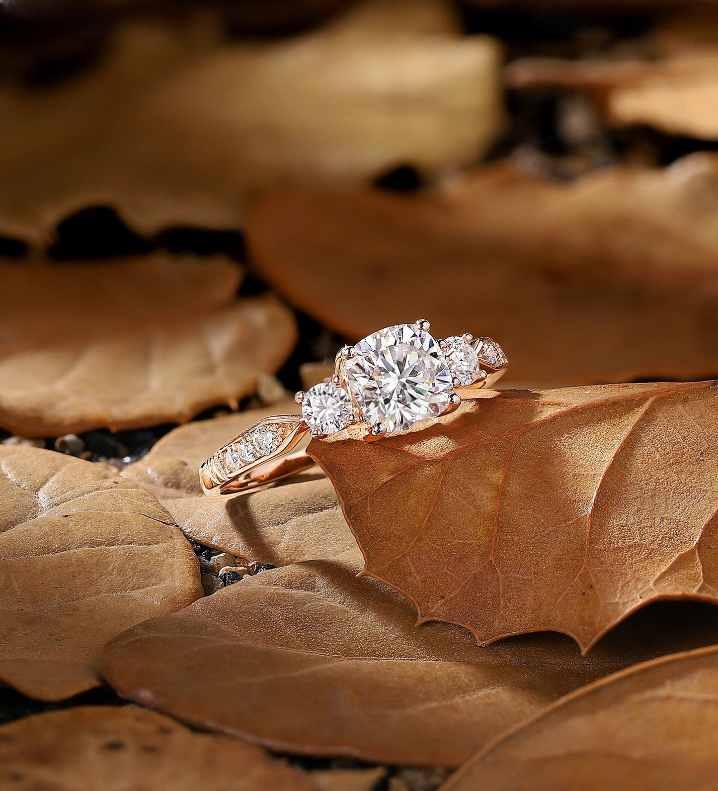 Unique Diamond Bottom Style Rose Gold Lab Grown Engagement Ring Infinity Three Stone Twist Diamond Half Eternity Ring Bridal Women