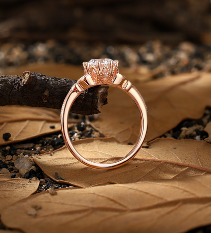 Vintage Round Lab Grown engagement ring rose gold Art deco Milgrain Diamond floral ring unique Promise Anniversary bridal ring